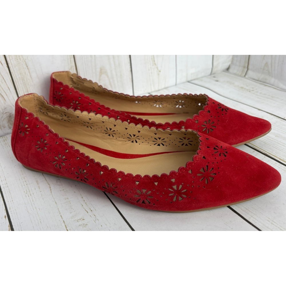 Joes Jeans Red Suede Pointed Toe Scalloped Laser Cut Floral Flats Womens 7M